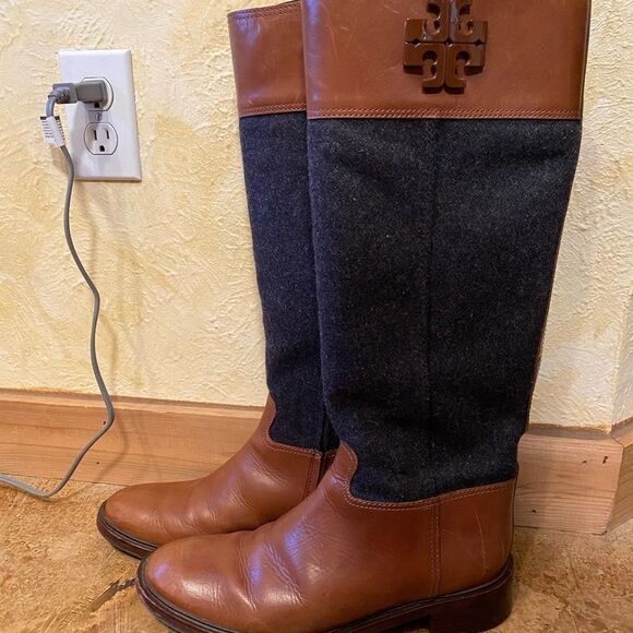 Tory burch Brown leather and Grey wool flannel Lowell Riding Boots sz 10.5 - Picture 4 of 12